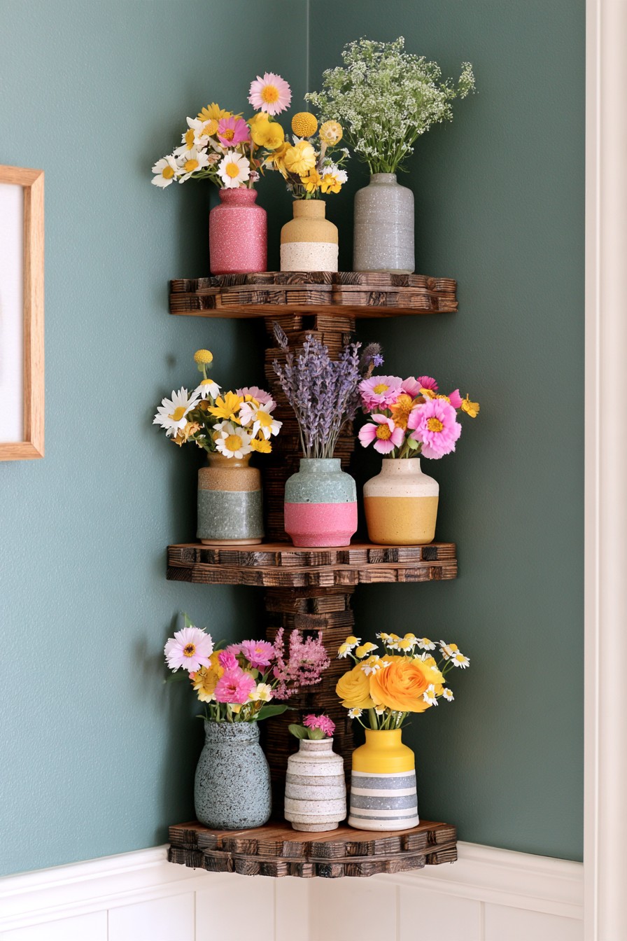 Three rustic wooden corner shelves with small multicolored vases and loose yellow, pink, and white flower bouquets