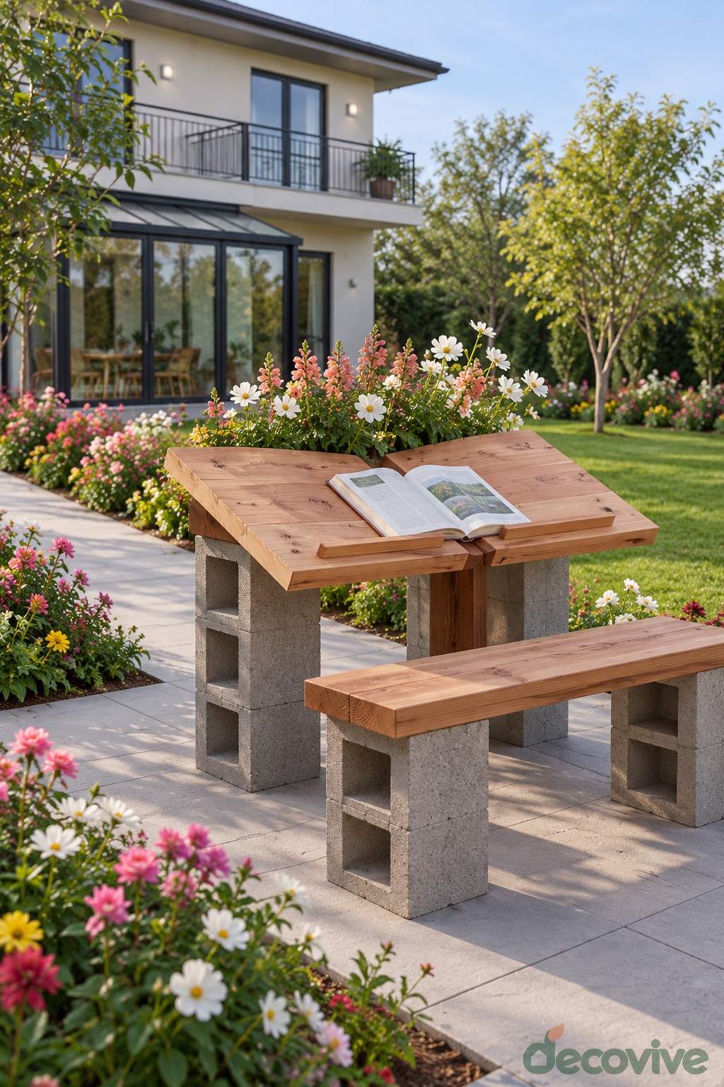 Sloping wooden reading desk on block supports with a matching garden bench