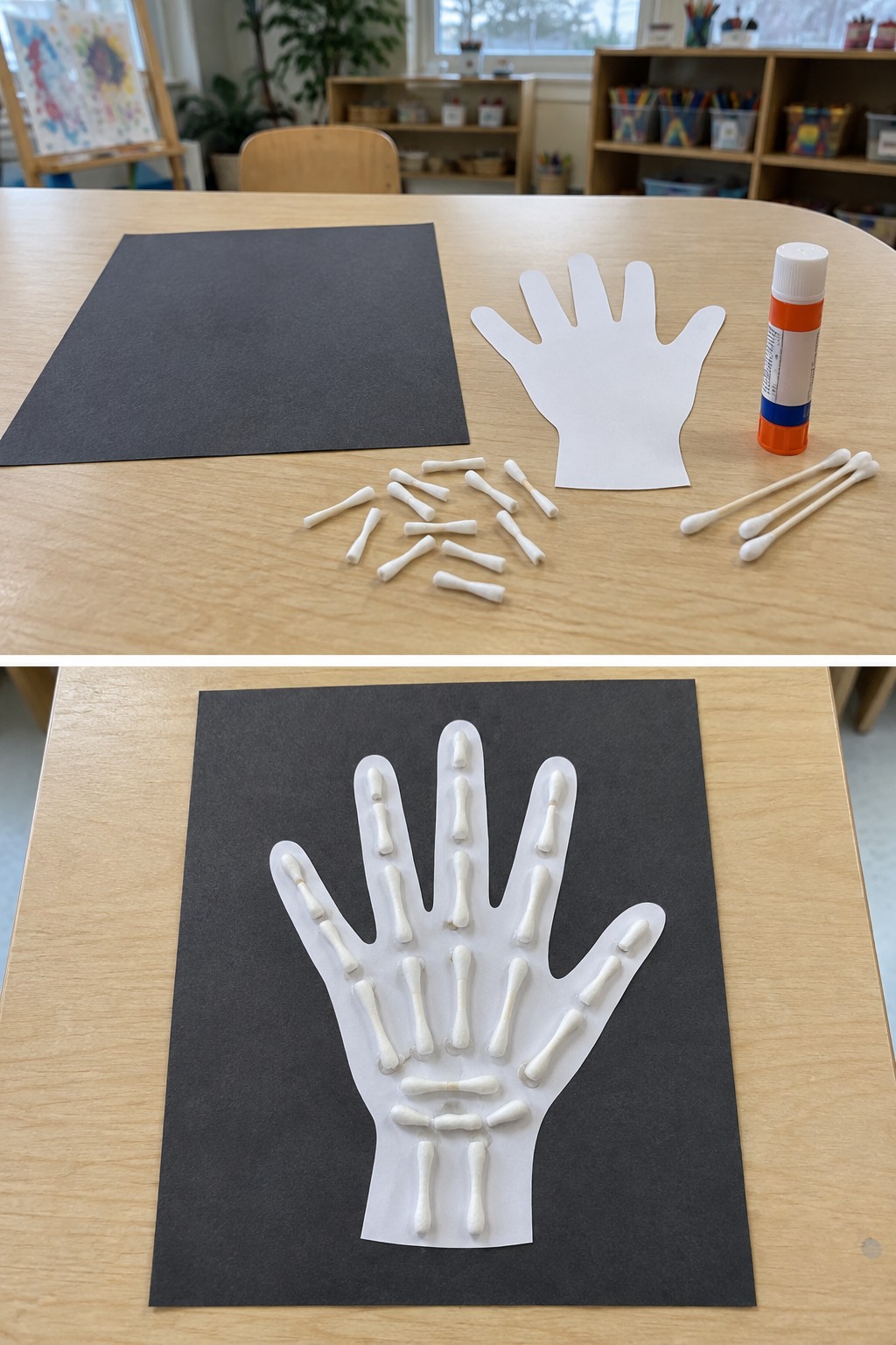 Cotton swab sections and a hand cutout above a white skeleton hand collage on black card
