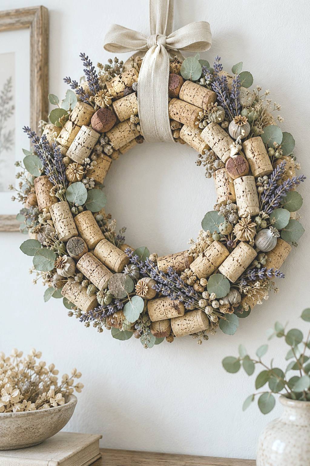 Circular cork wreath with botanical accents and a wide ribbon