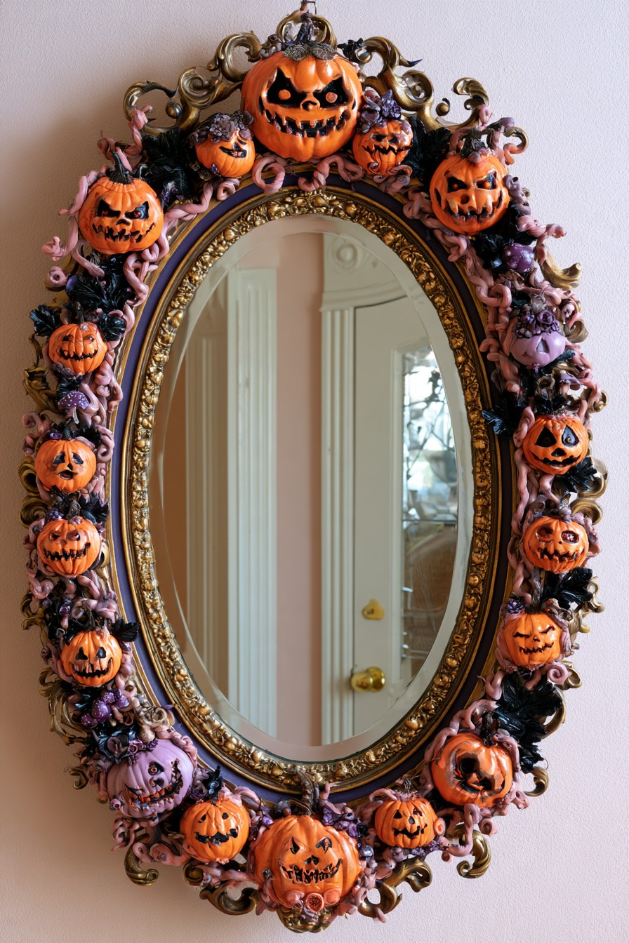 Ornate gold mirror surrounded by orange pumpkin faces and pink curling vines