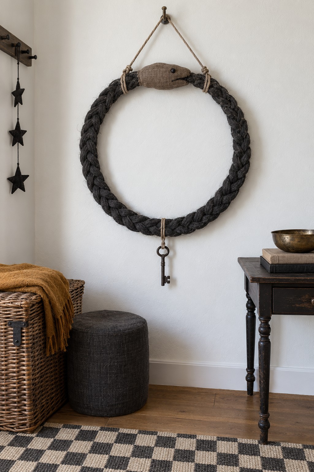 Large dark braided fabric ring with a small linen serpent head at the top and an old style key hanging below