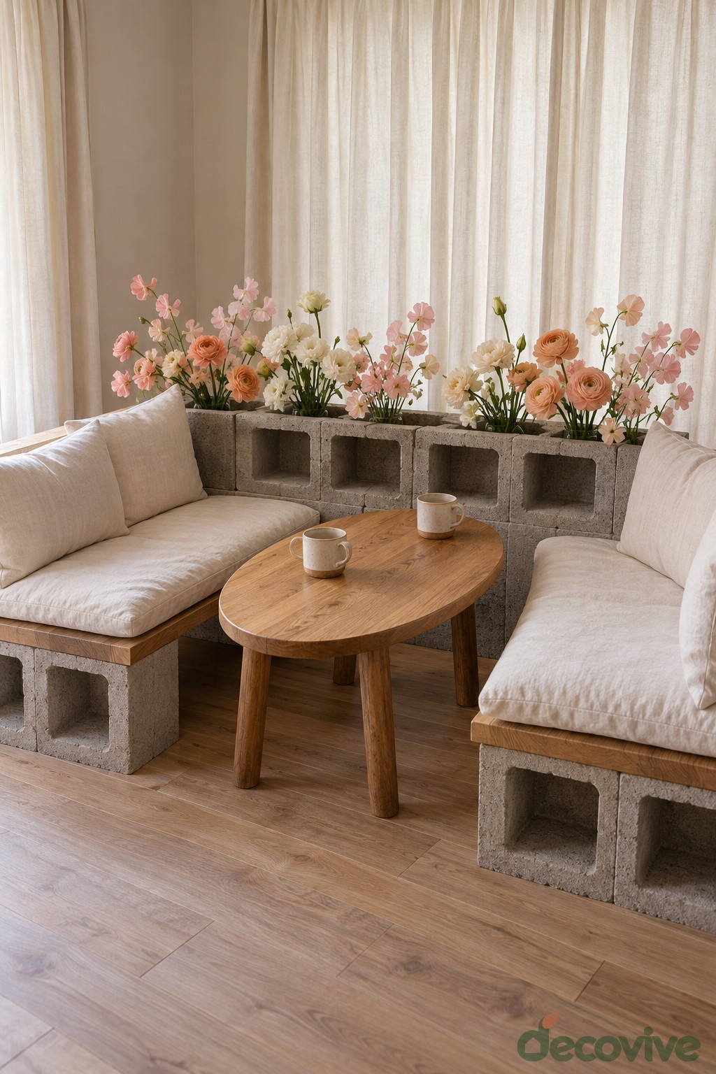 Two cushioned block base benches beside an oval table and a low floral divider