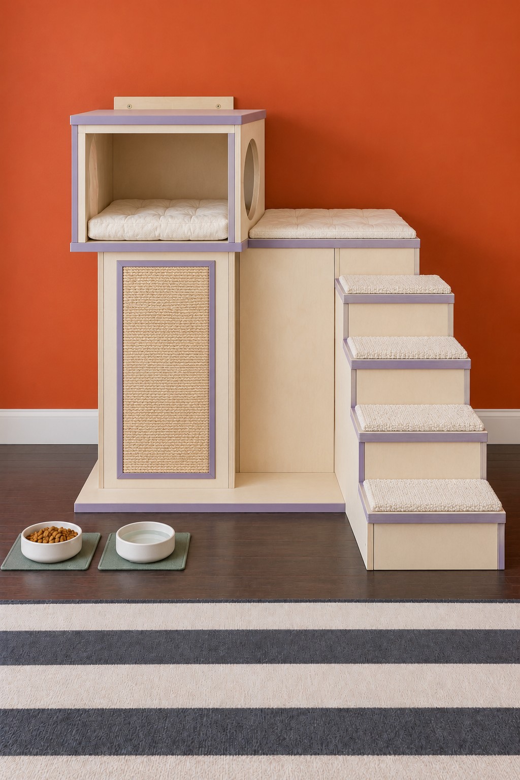 Cream and lavender cat lookout above a tall woven scratching panel beside a broad staircase