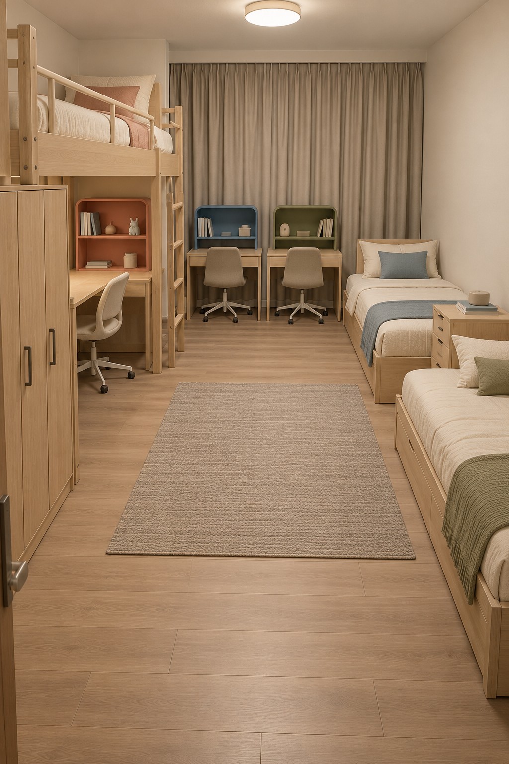 One loft and two low beds with terracotta blue and olive desk hutches and neutral bedding