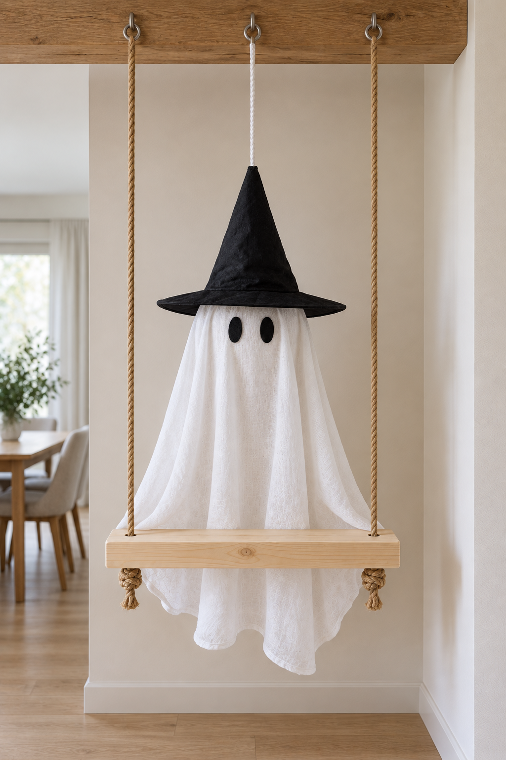 Ghost and wooden board hanging from three separate overhead connections before attaching the fabric sides.