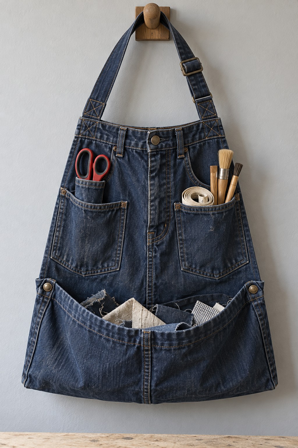 Denim hanging craft organizer filled with scissors, brushes, and fabric supplies