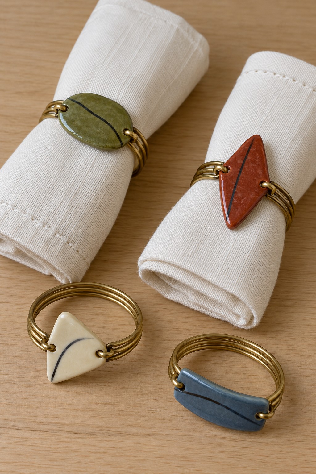 Brass colored wire napkin rings decorated with green, rust, cream and blue geometric clay pieces
