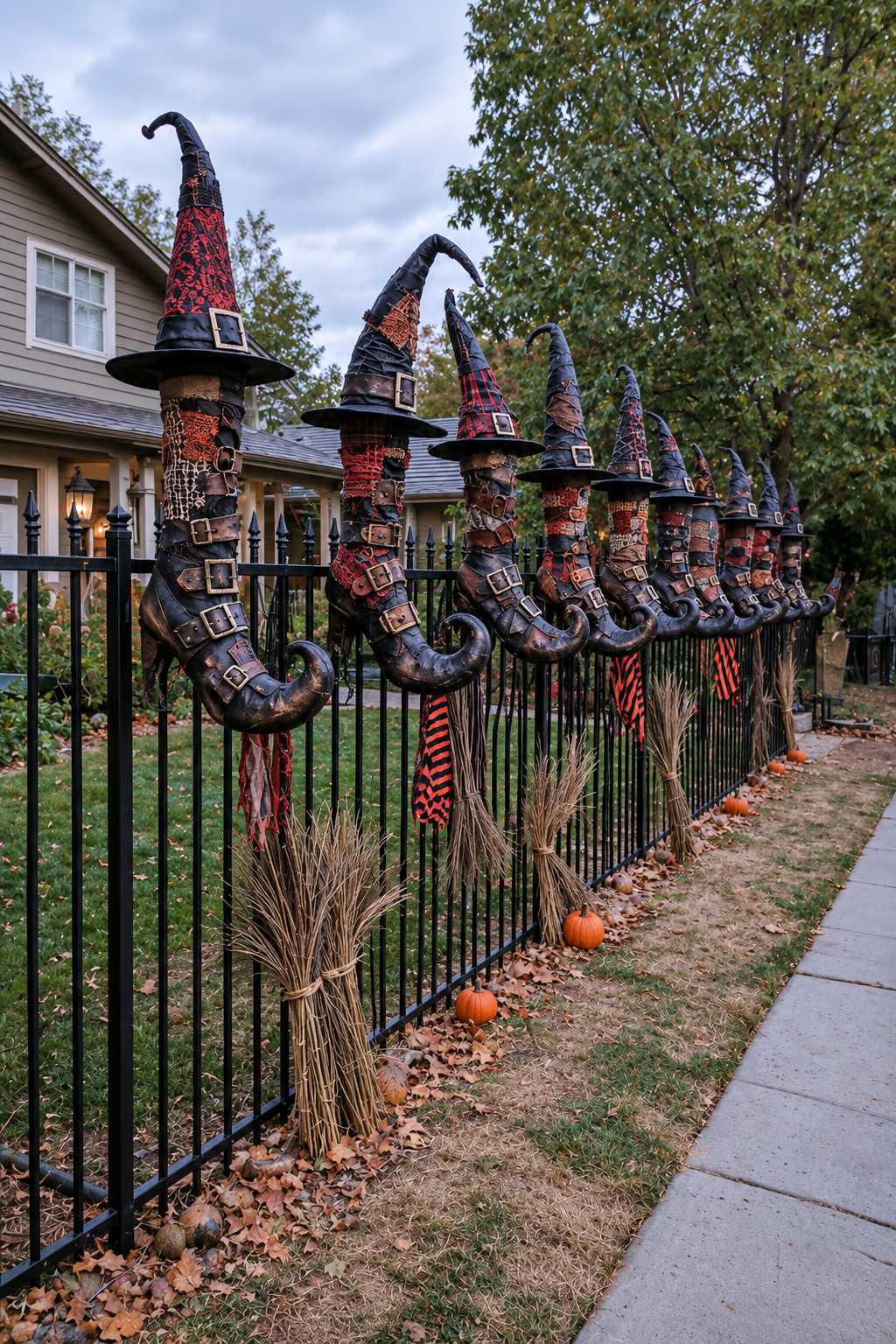 Oversized curled witch boot props with pointed hats mounted along a metal fence above twig brooms