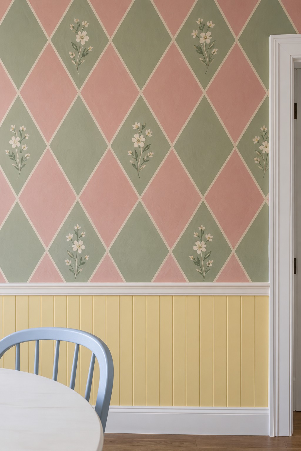Pink and sage harlequin diamonds with white flower sprigs above yellow beadboard and a blue dining chair