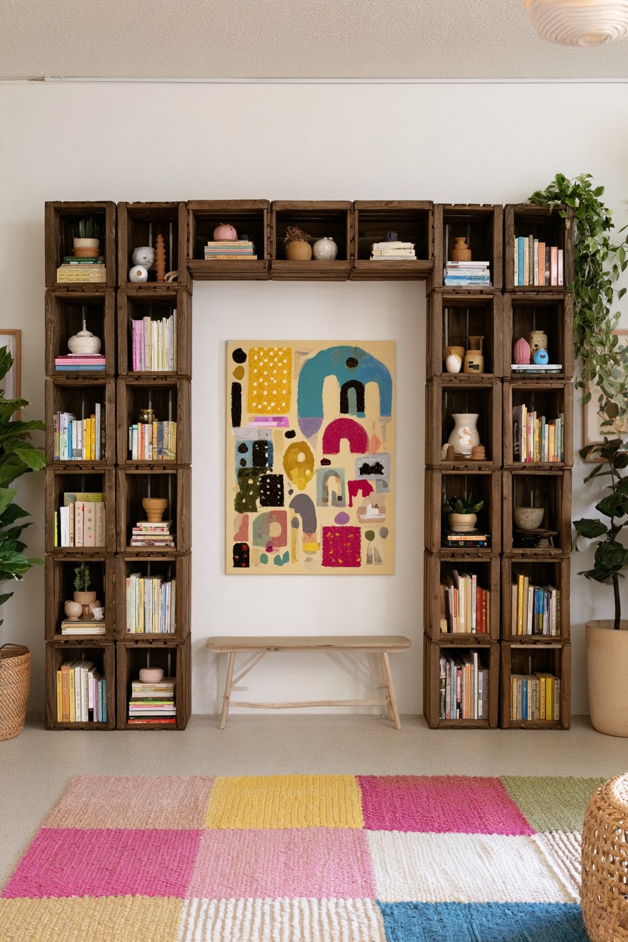 Dark wooden crates arranged as an arch shaped book and display feature