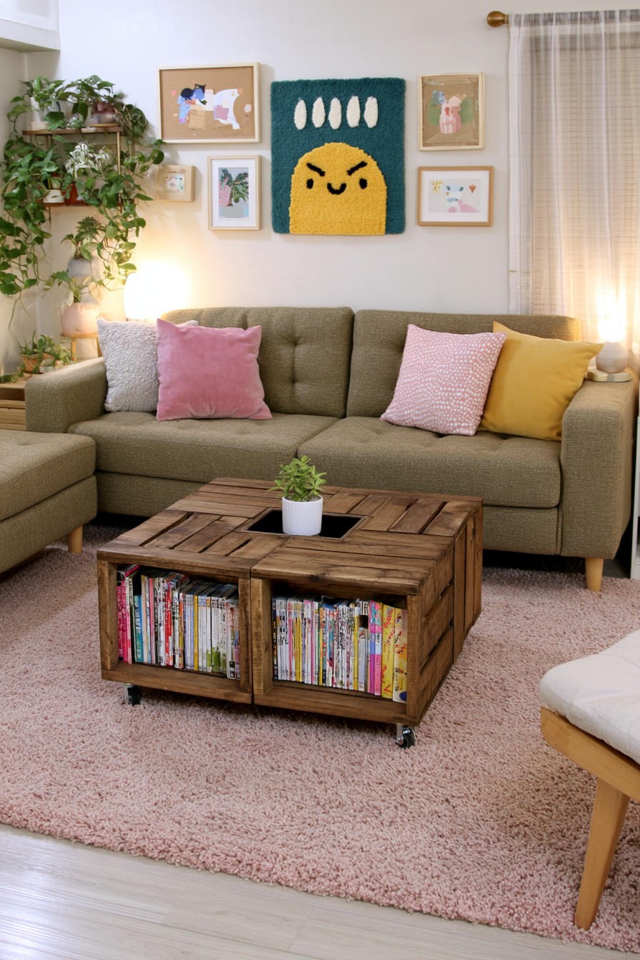 Rolling coffee table assembled with wooden crate storage compartments