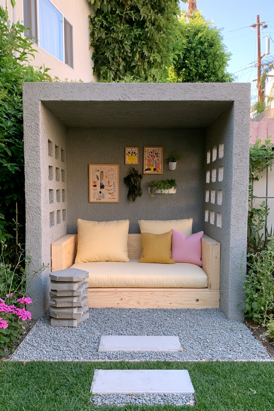 Gray textured box nook with square side openings and a cushioned wooden daybed