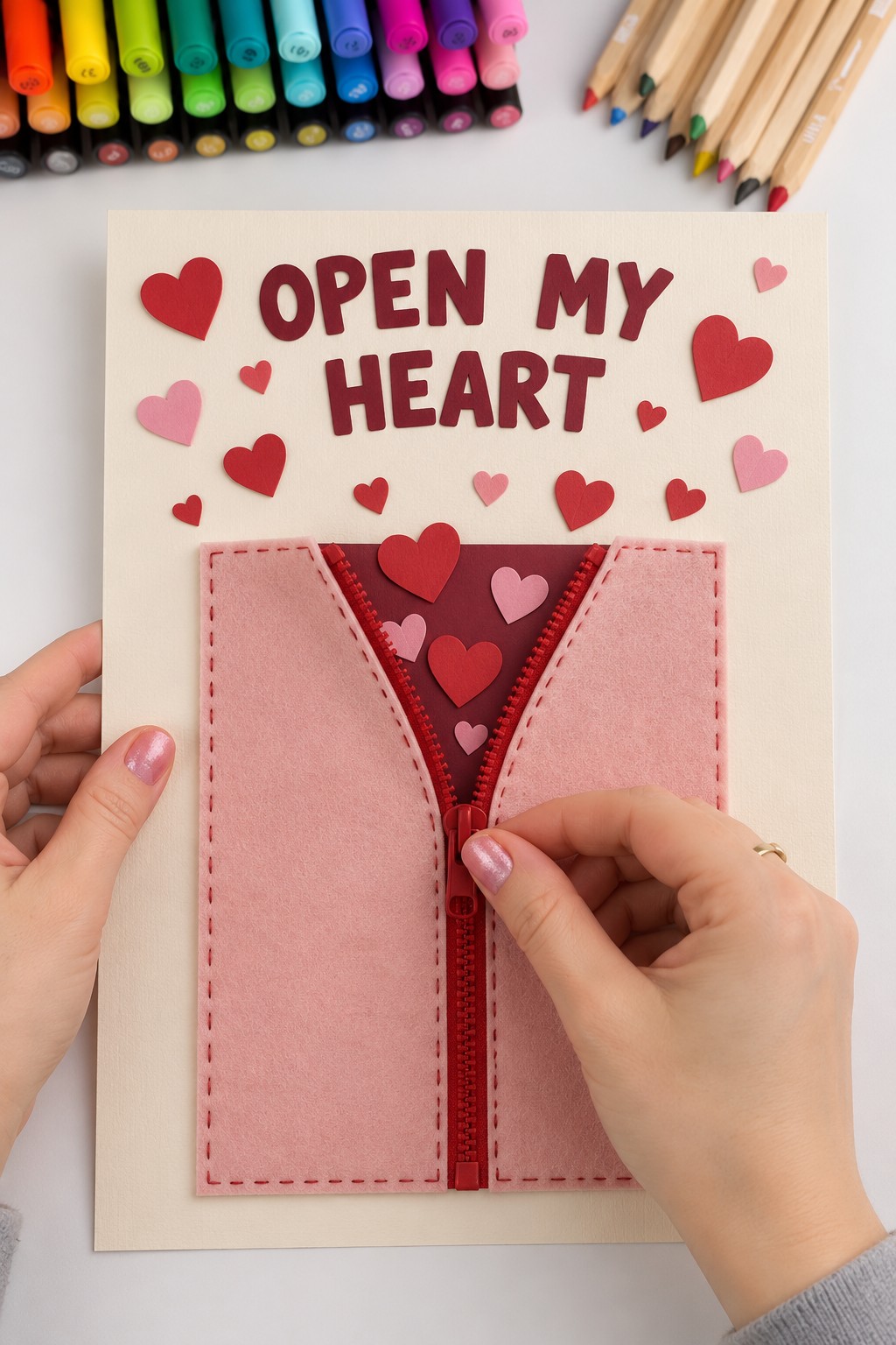 Open My Heart poster with two pink felt panels a red working zipper and layered hearts revealed beneath