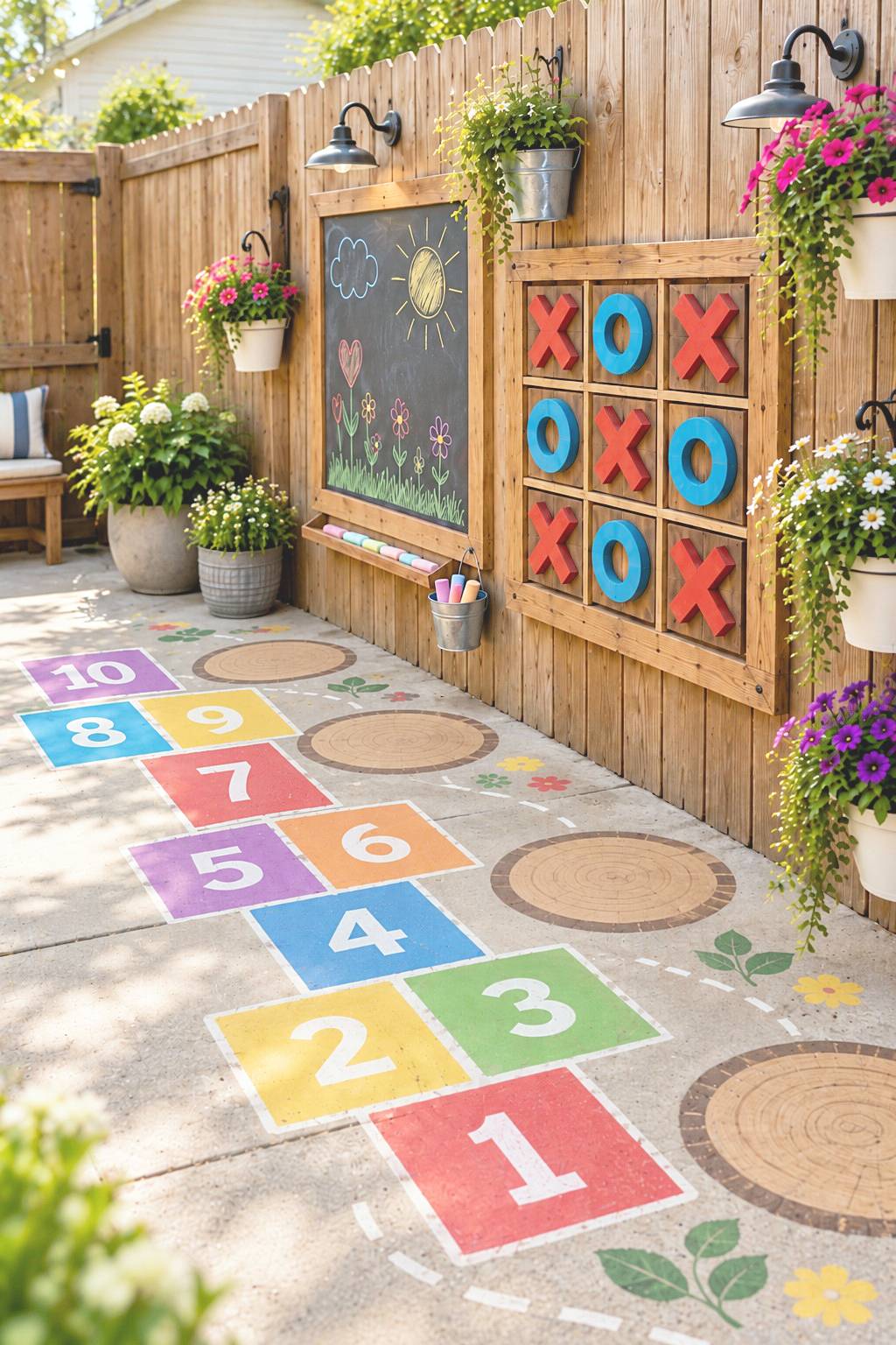Fence chalkboard and tic-tac-toe panel beside colorful hopscotch markings
