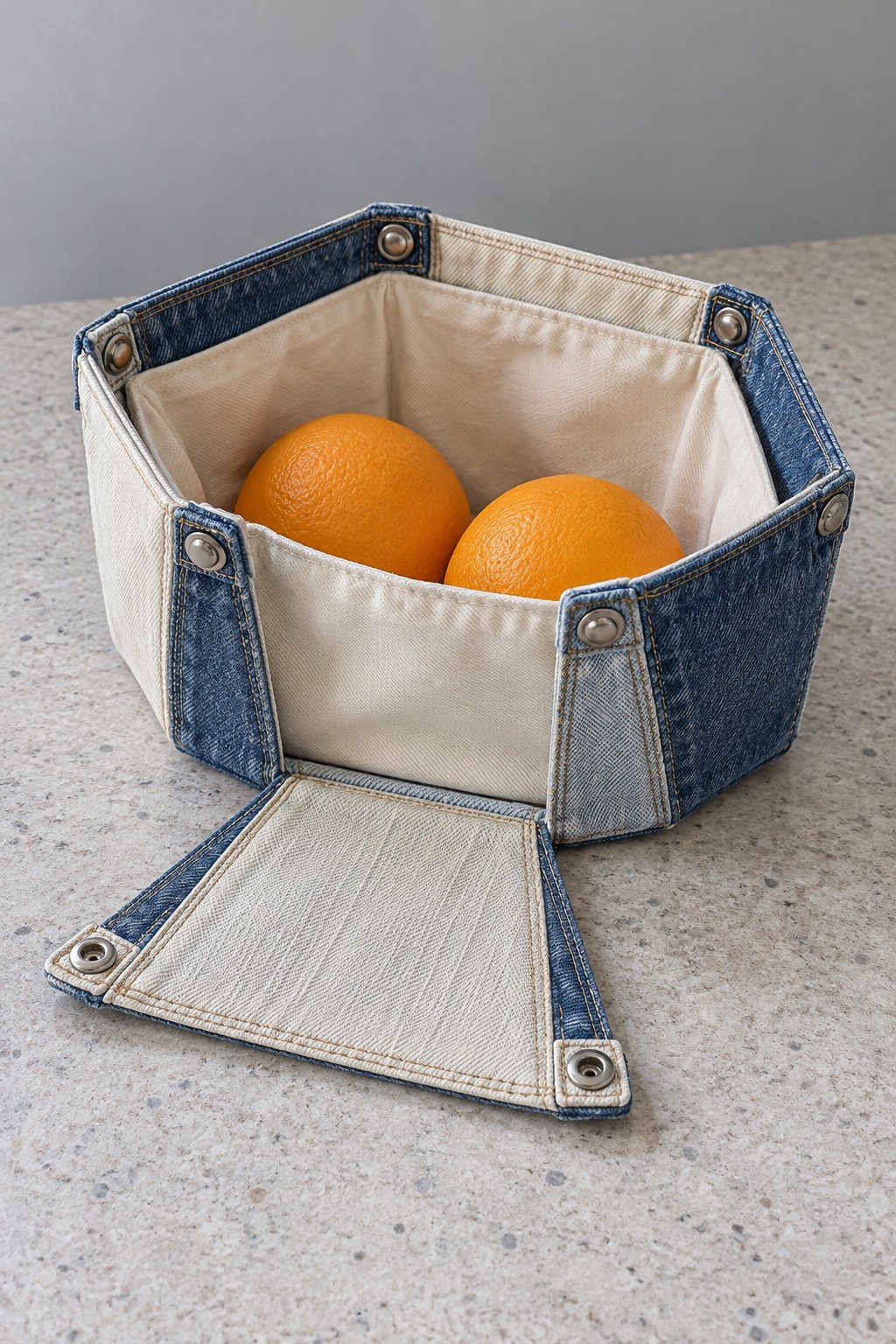 Cream lined denim basket holding oranges with one side opened flat