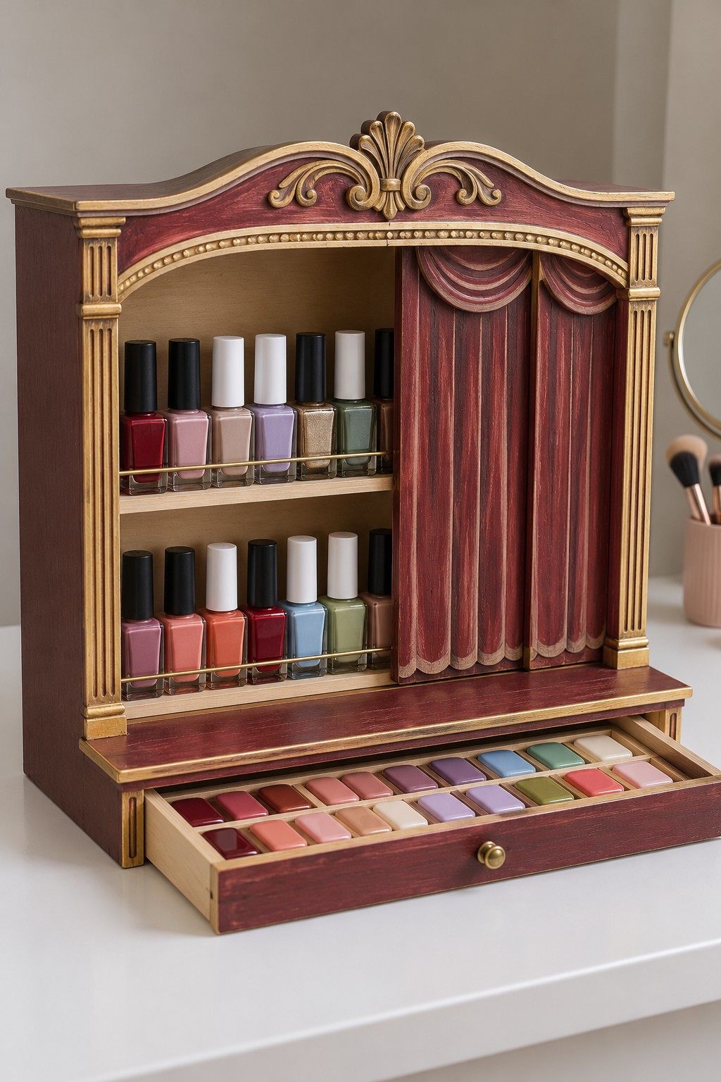 Burgundy and gold theater style nail polish cabinet with shelves, a pleated curtain, and an open swatch drawer