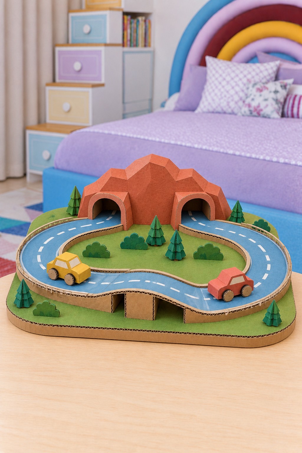 Raised oval cardboard road with two mountain tunnel entrances, small cars and green scenery