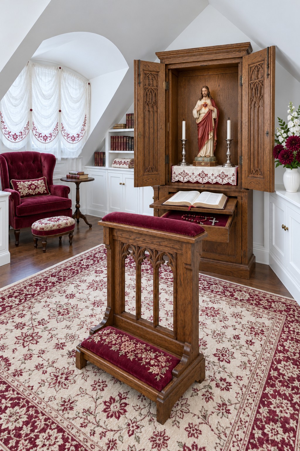 Open carved wooden Catholic devotional cabinet with a Sacred Heart figure and burgundy upholstered prayer bench