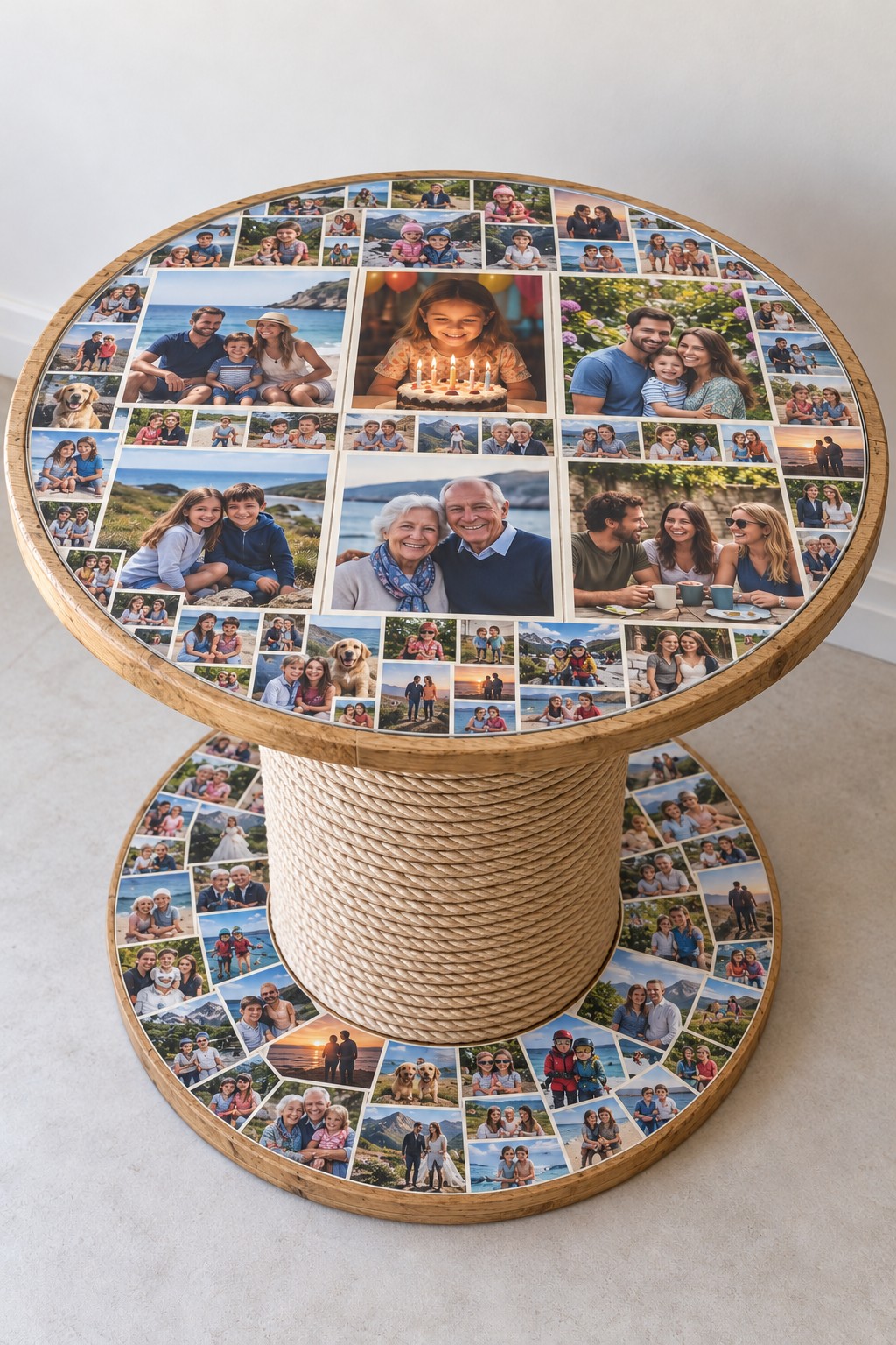 Wooden spool side table with photo collages on two round discs and rope around the central drum