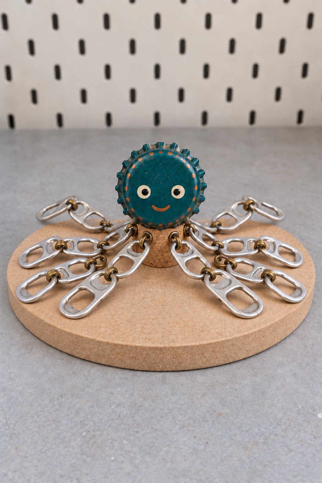 Teal metal cap octopus with a smiling face, cork body, and eight linked aluminum pull tab arms on a round base