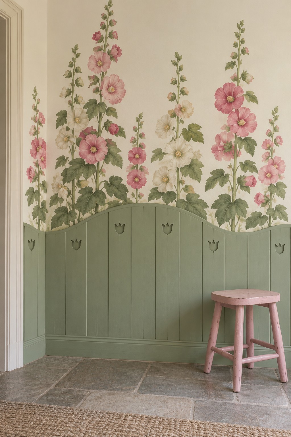 Pink and cream hollyhock mural above curved sage wall paneling with small tulip motifs
