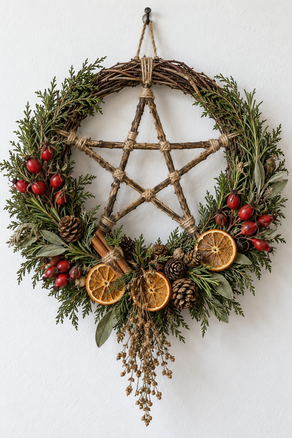 Evergreen wreath framing a five pointed twig star with dried orange slices, pine cones, cinnamon and red berries