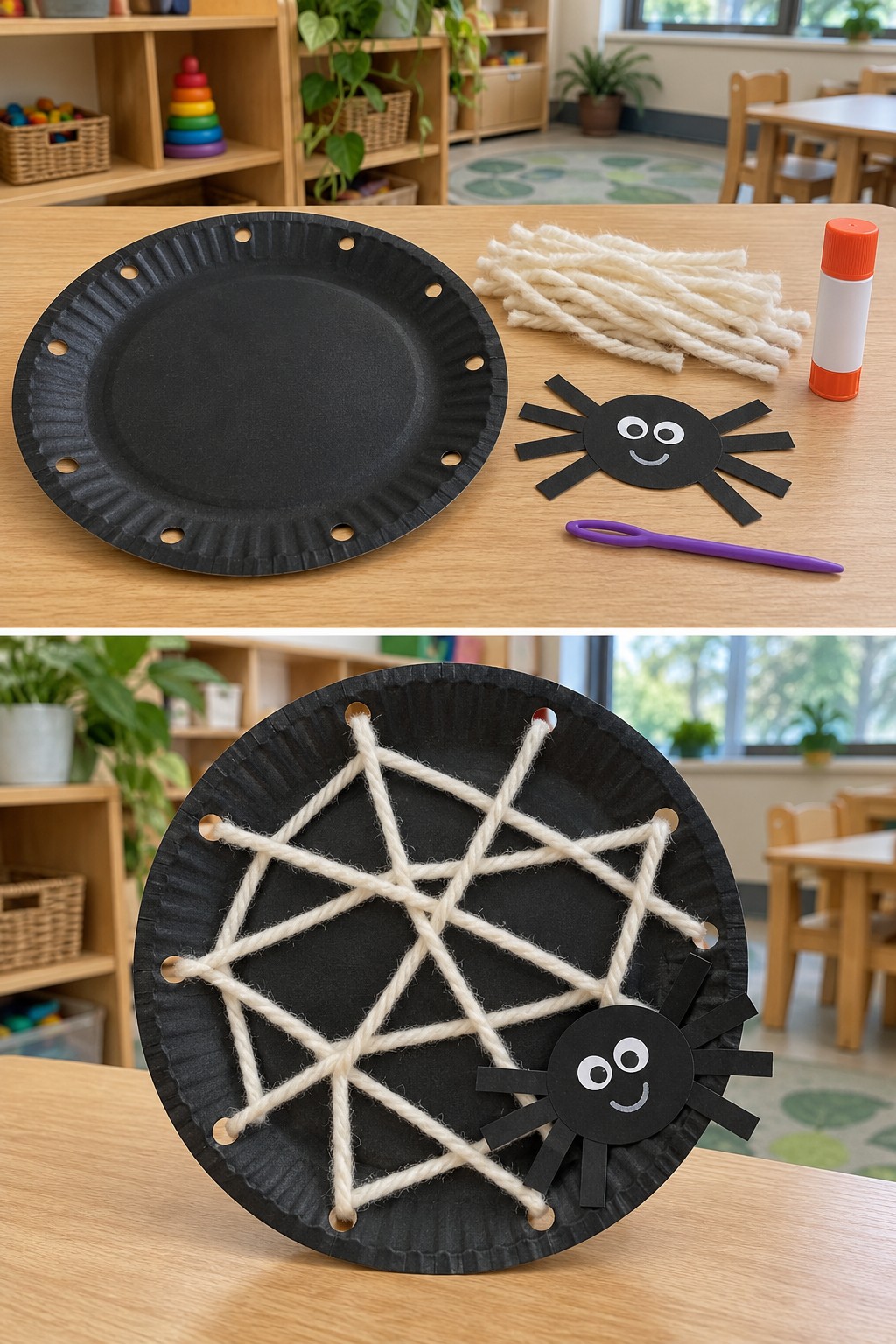 Black plate and lacing supplies above a white yarn web with a paper spider