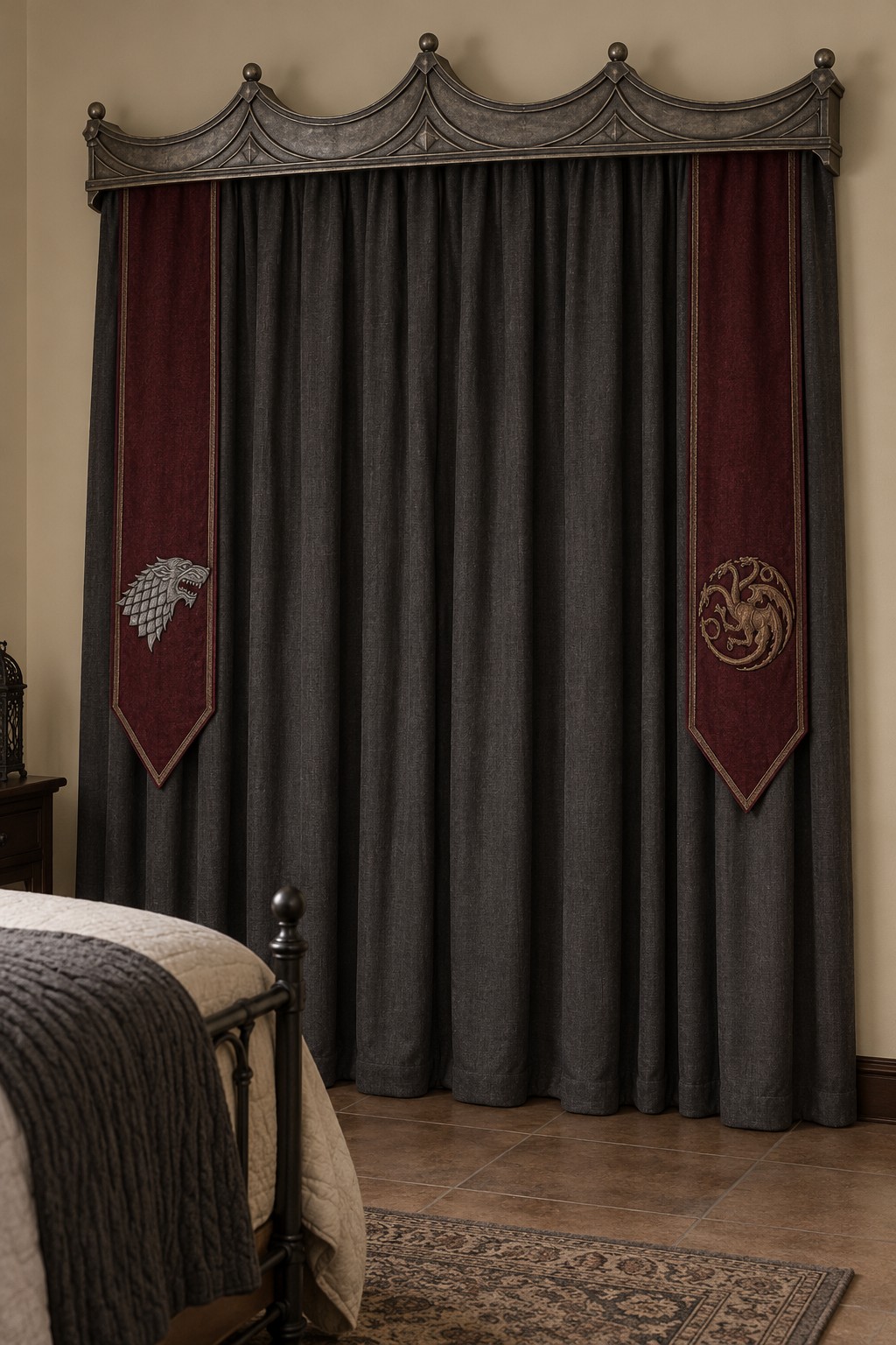 Charcoal bedroom curtains beneath a crown shaped pelmet, flanked by burgundy panels with wolf and dragon emblems