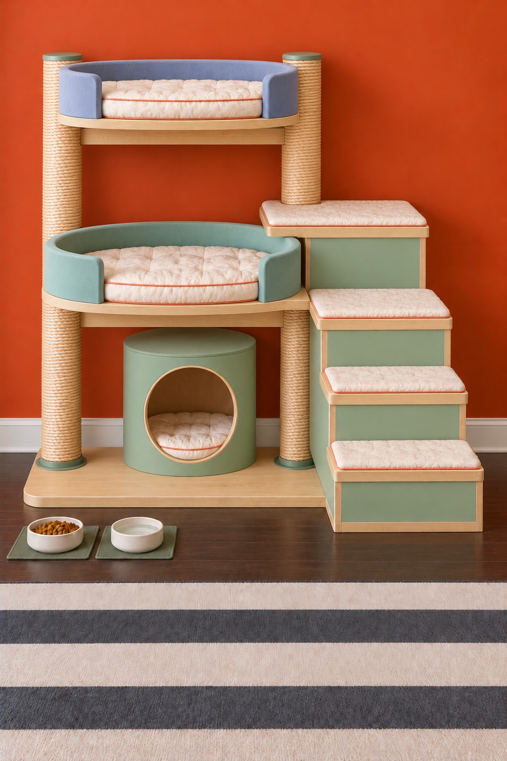 Sage and blue rounded cat beds on sisal columns with a cylindrical hideaway and wide side stairs