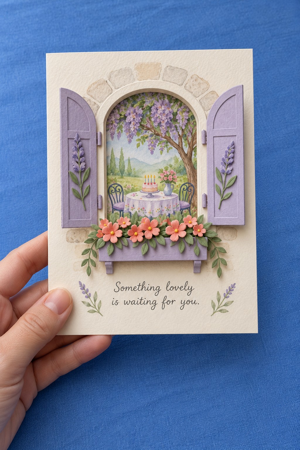 Cream card with lavender shutters, an arched garden view, and flowers along the windowsill