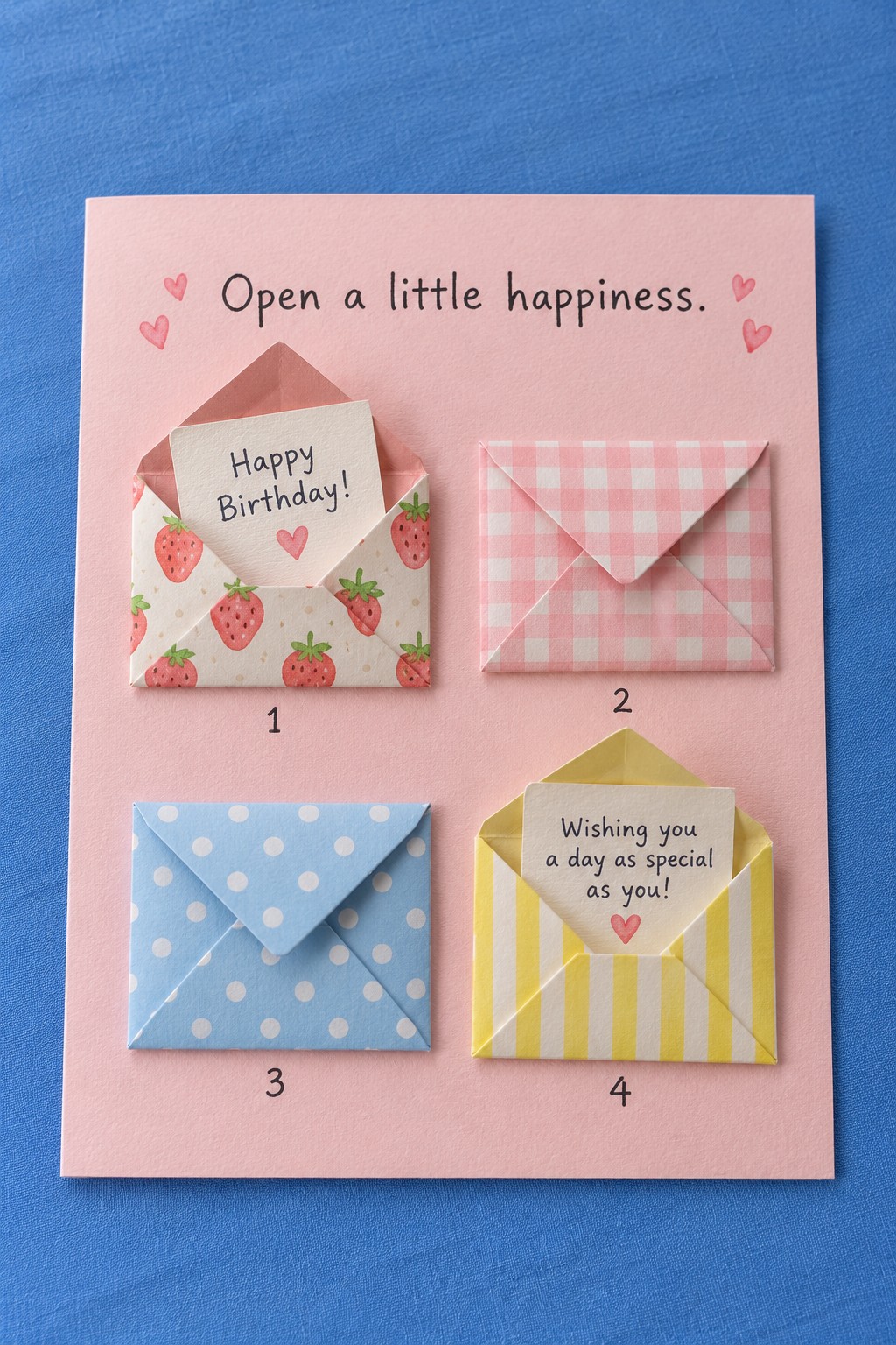 Pink birthday card with four patterned miniature envelopes and removable notes