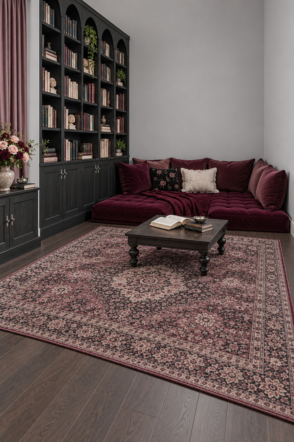 Burgundy tufted floor sofa beside black bookcases with lower cupboards, a dark wood coffee table and a rose patterned rug