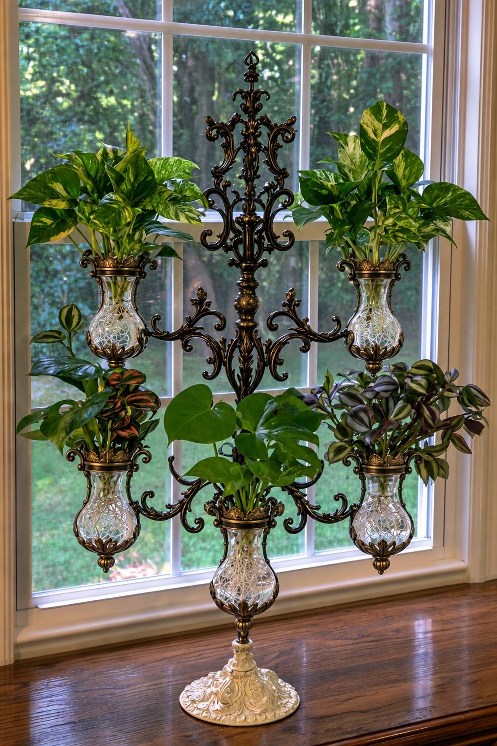 Ornate chandelier frame used as a windowsill plant stand with pothos and other houseplants in cut glass vases