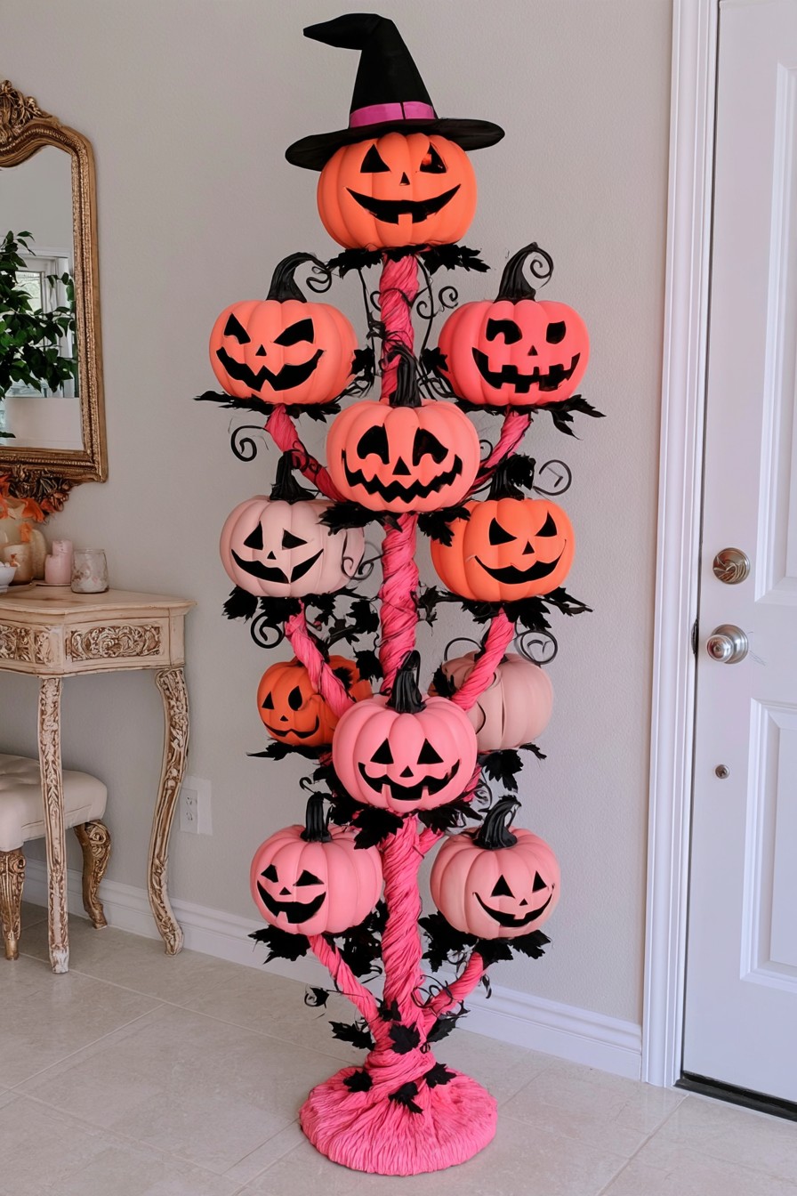 Pink branching stand holding orange and blush pumpkin characters