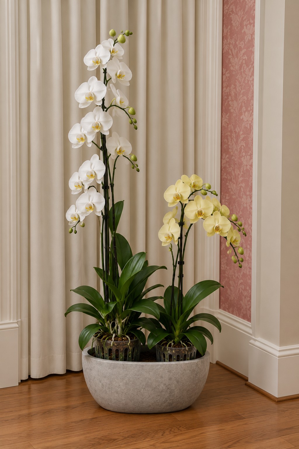 Low gray bowl containing white and pale yellow orchids with tall supported flower spikes