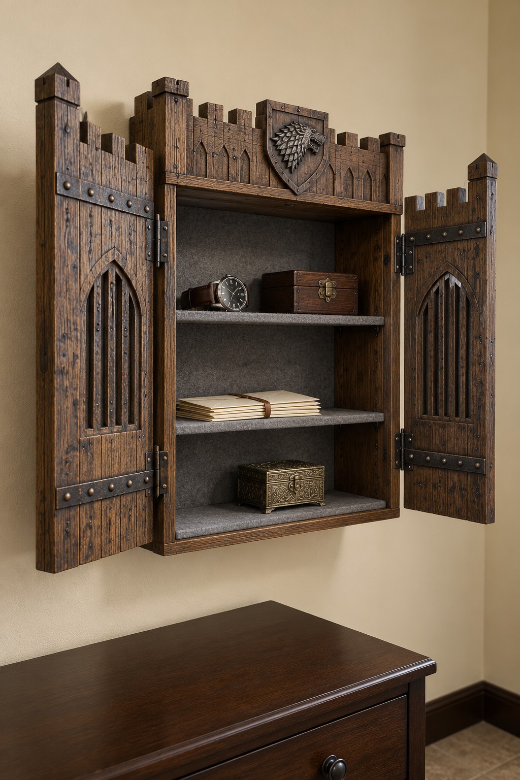 Wooden wall cabinet with castle battlements, a direwolf crest, open double doors, and three gray lined storage levels