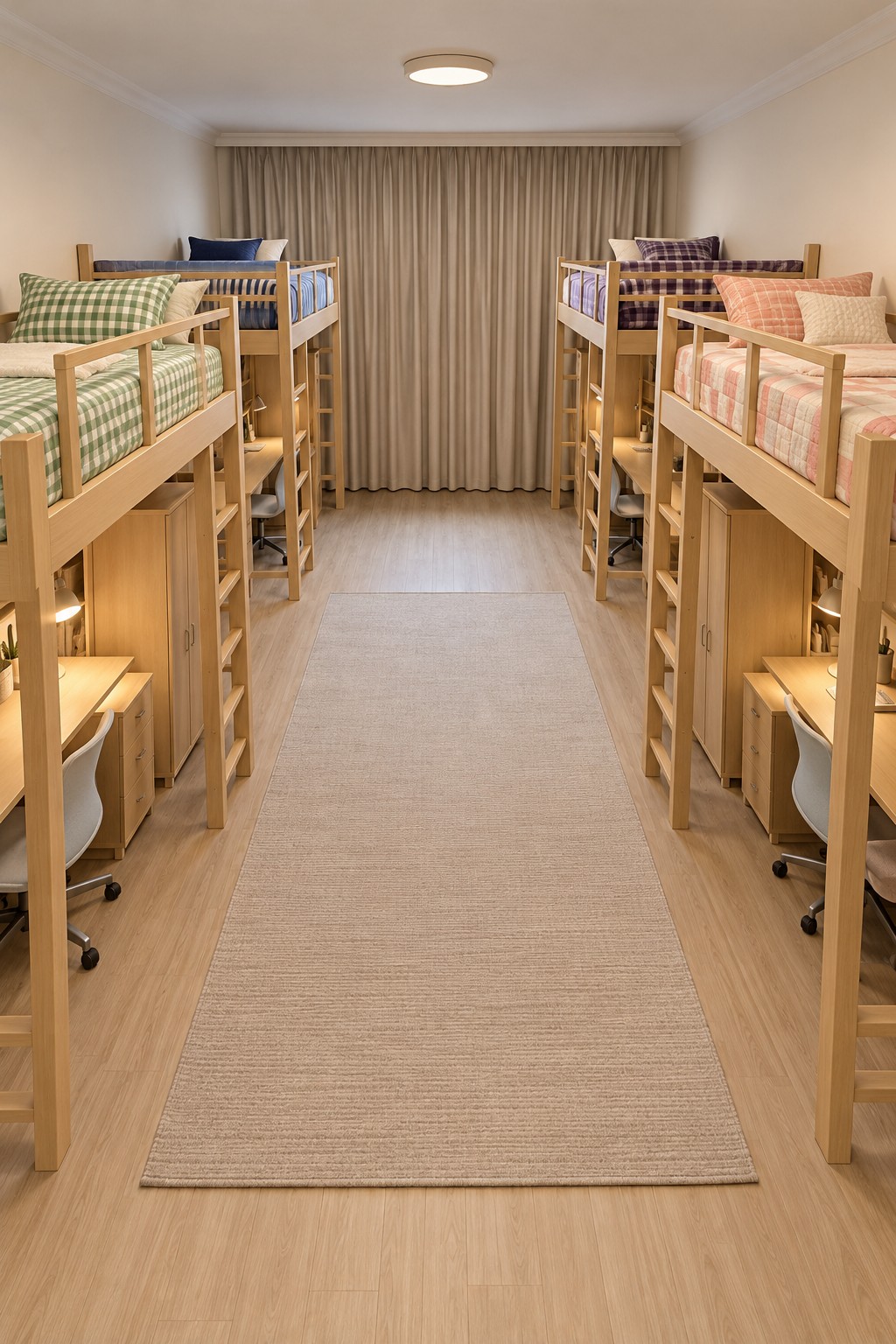 Four pale wooden loft beds with green peach blue and plum patterned bedding and desks underneath