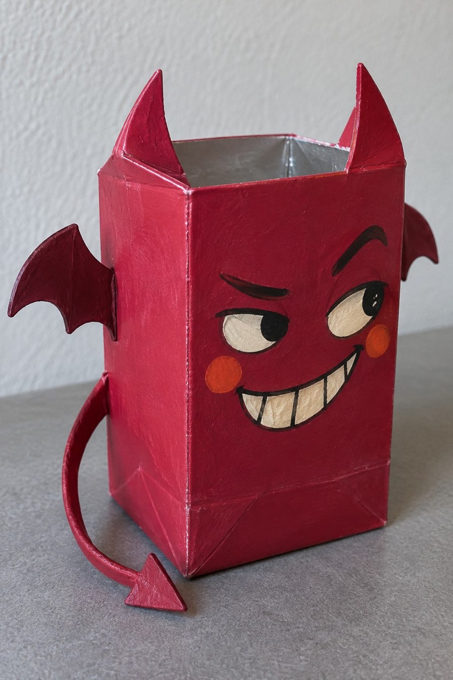 Red square devil carton cup with horns wings and a pointed curling tail