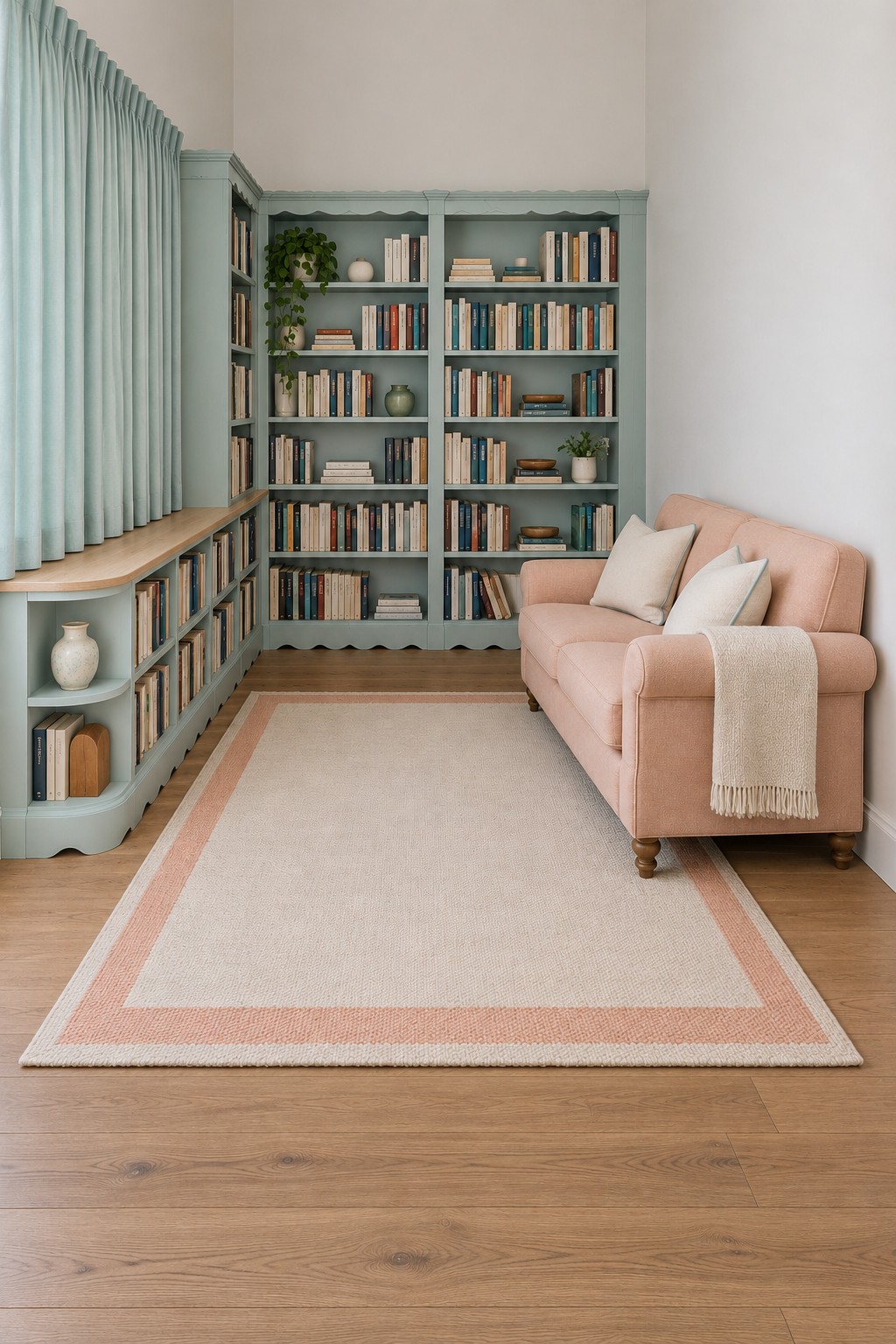 Seafoam green bookshelves across the back and below closed curtains opposite a blush sofa and a peach bordered rug