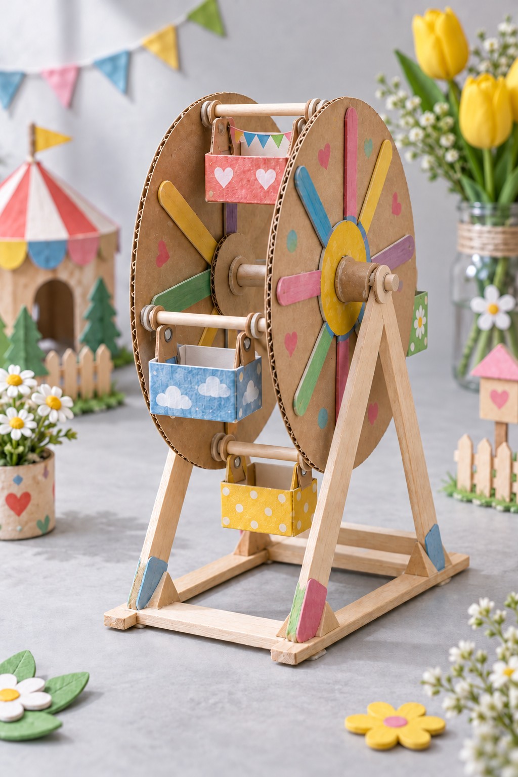 Cardboard Ferris wheel with painted craft stick spokes, three box gondolas, and a wooden support frame