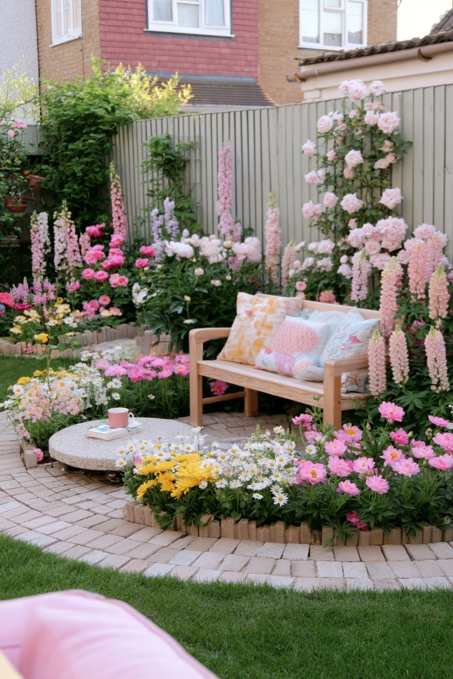 Wooden reading bench and low round table enclosed by a curved paved flower border