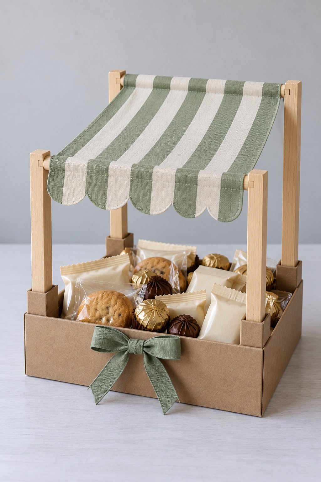 Kraft biscuit gift tray with four wooden posts and a green and cream striped fabric awning