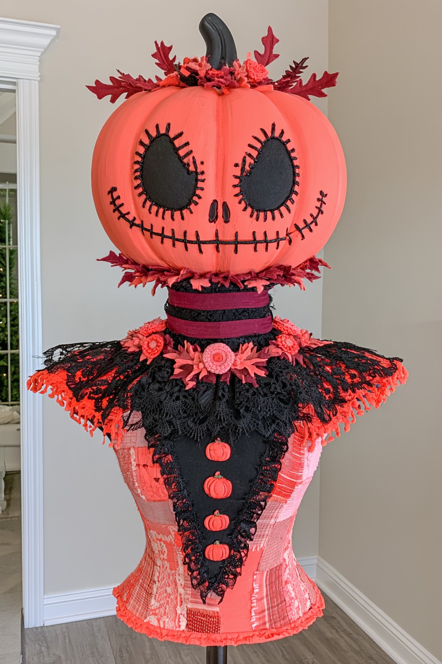 Pumpkin-headed dress form with coral patchwork, black lace, and small pumpkin buttons