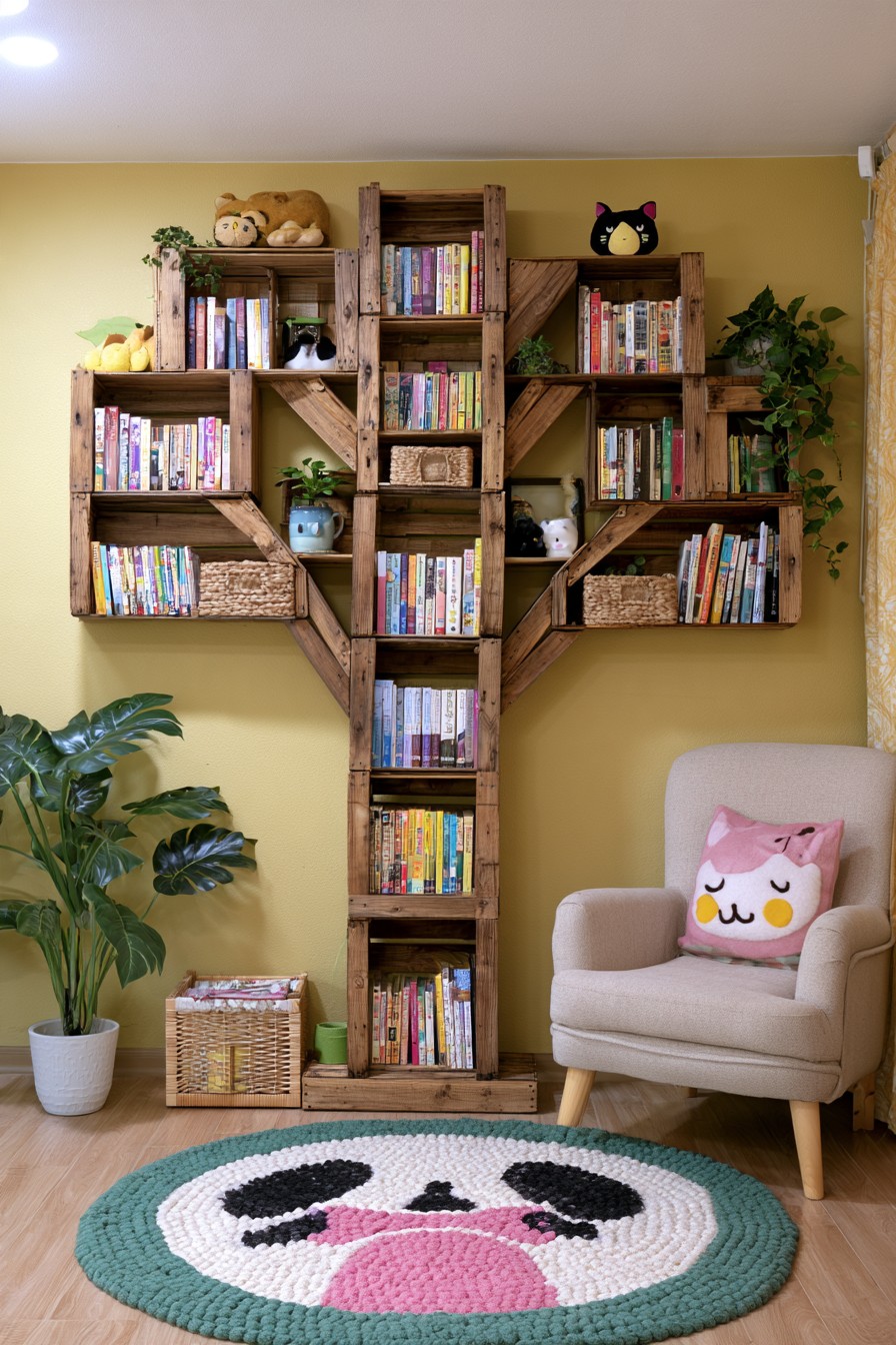 Tree shaped wooden crate bookcase in a reading area