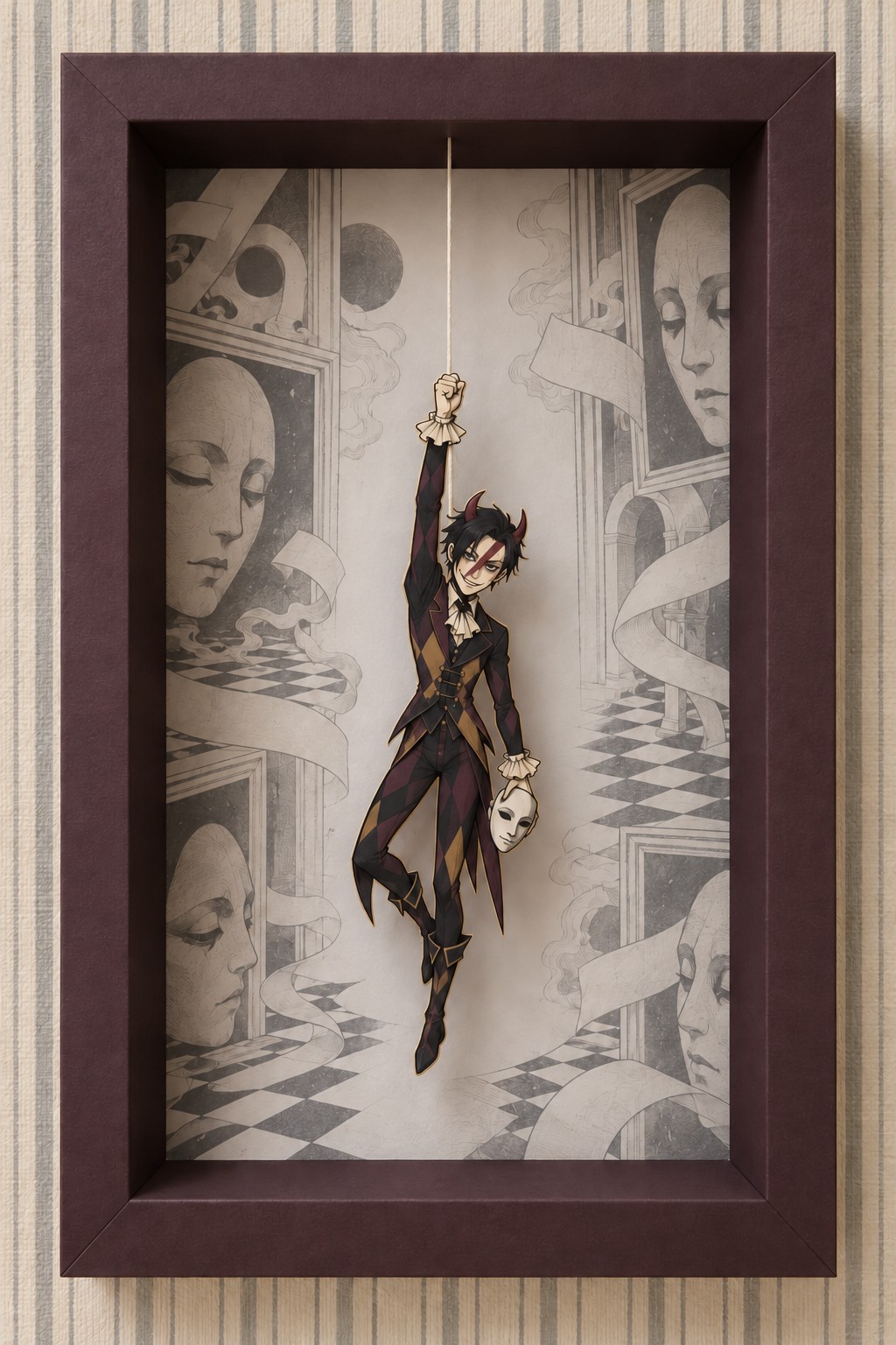 Suspended dark clothed mask bearer in a burgundy frame with surreal face portraits and checkerboard floors