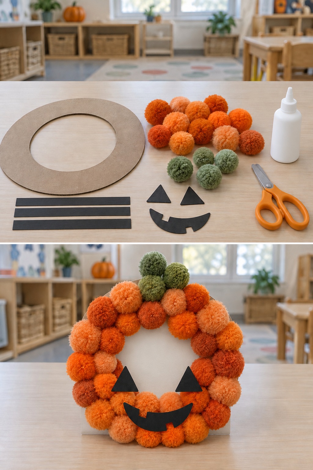 Cardboard ring, orange and green pom-poms, liquid PVA glue and three black support strips above a finished pumpkin wreath