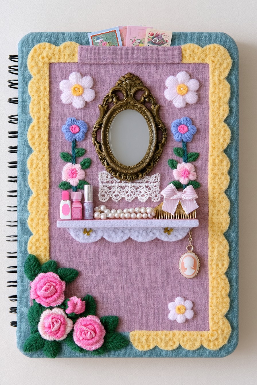 Lavender vanity themed sketchbook panel with an oval mirror, floral stitching, a top card pocket, and miniature shelf