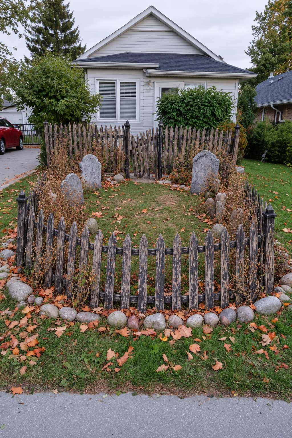 Small front-yard Halloween graveyard enclosed by weathered pickets, faux headstones and a stone border
