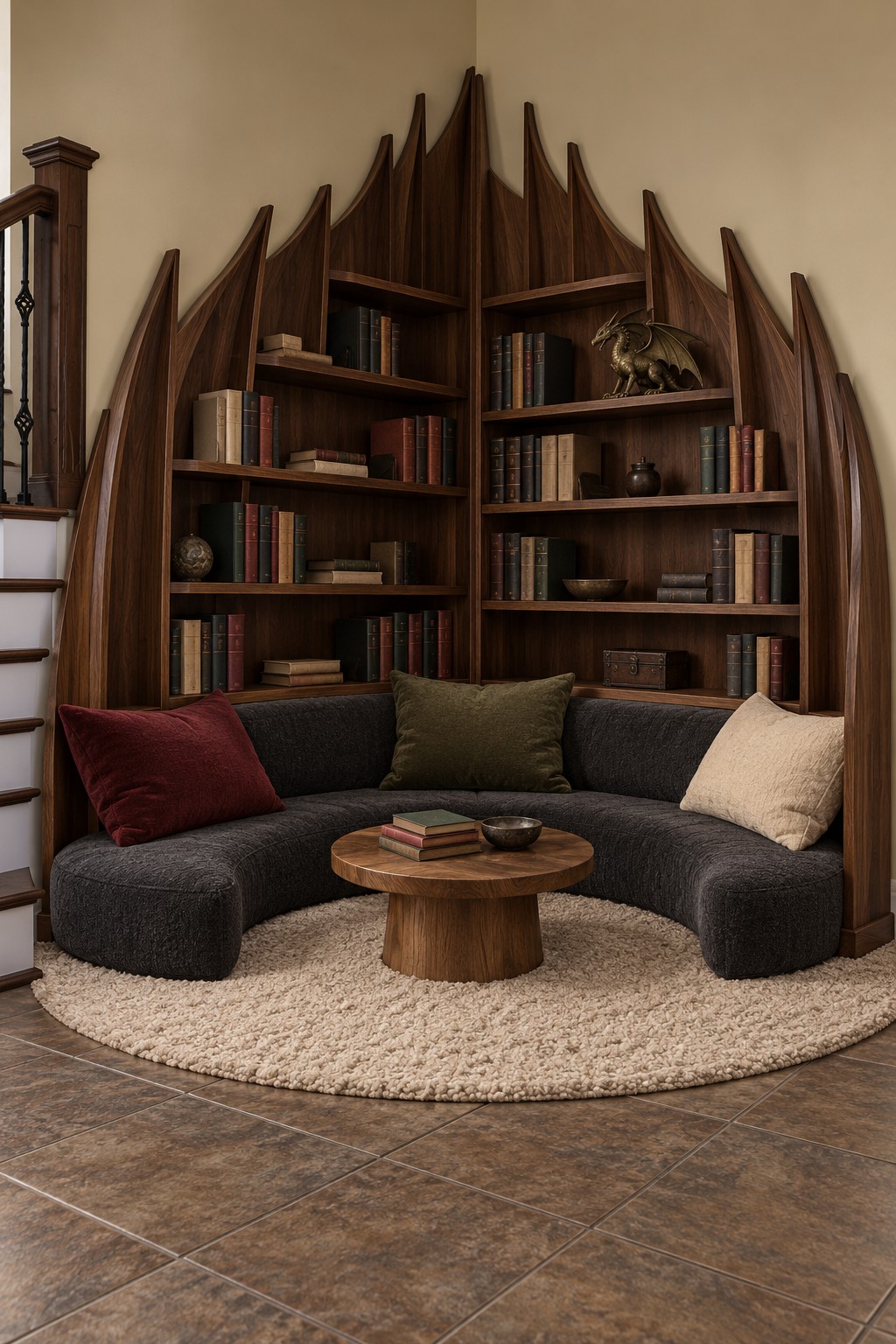 Tall dark wooden corner bookcases shaped like dragon wings behind curved charcoal seating and a small round table